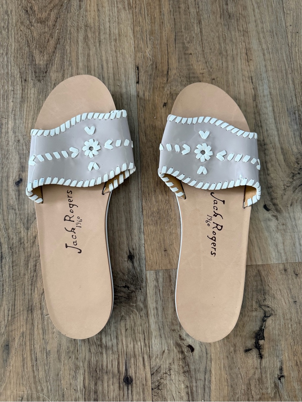 Jack Rogers Beige Slide Sandals with White Trim and Floral Detail